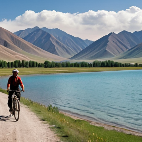 Home 4 **A cyclist reaching the shore of Lake Song-Kul. Yurtas are visible in the distance, with smoke rising. Majestic mountains surround the crystal-clear lake.** (Focus: serene landscape, nomadic culture)
