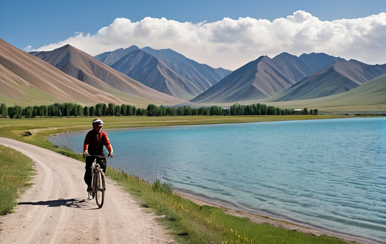**A cyclist reaching the shore of Lake Song-Kul. Yurtas are visible in the distance, with smoke rising. Majestic mountains surround the crystal-clear lake.** (Focus: serene landscape, nomadic culture)