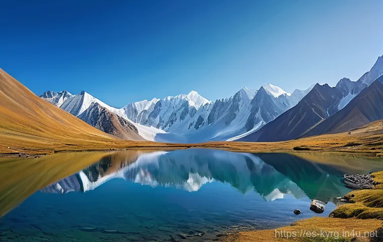 키르기스스탄에서 가볼 만한 산맥 - **"Celestial Mountain Majesty with Alpine Lake"**
    A wide, breathtaking panoramic shot of the Tia...