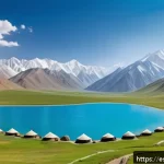 키르기스스탄 실크로드 유적지 - A panoramic view of a hidden valley in Kyrgyzstan, featuring ancient winding trails between towering...