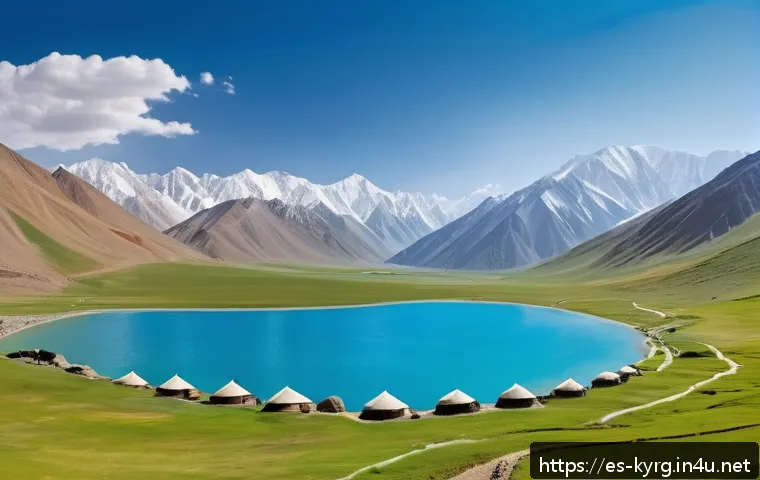 키르기스스탄 실크로드 유적지 - A panoramic view of a hidden valley in Kyrgyzstan, featuring ancient winding trails between towering...