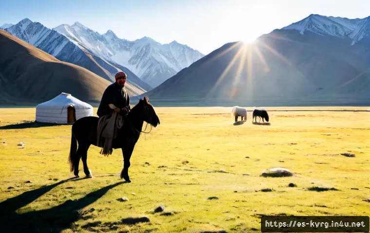 키르기스스탄 유목민 체험 - Photorealistic Kyrgyz nomadic experience in a wide alpine valley near Lake Song-Kul, a local herder ...