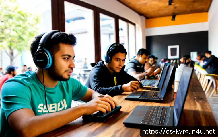 노마드 게임 대회 - Photorealistic mobile esports tournament in a bright Mexico City coworking café, diverse young adult...