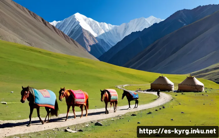 키르기스스탄에서 만나는 실크로드 - Photorealistic travel scene on the ancient Silk Road in Kyrgyzstan, a small caravan of horses carryi...